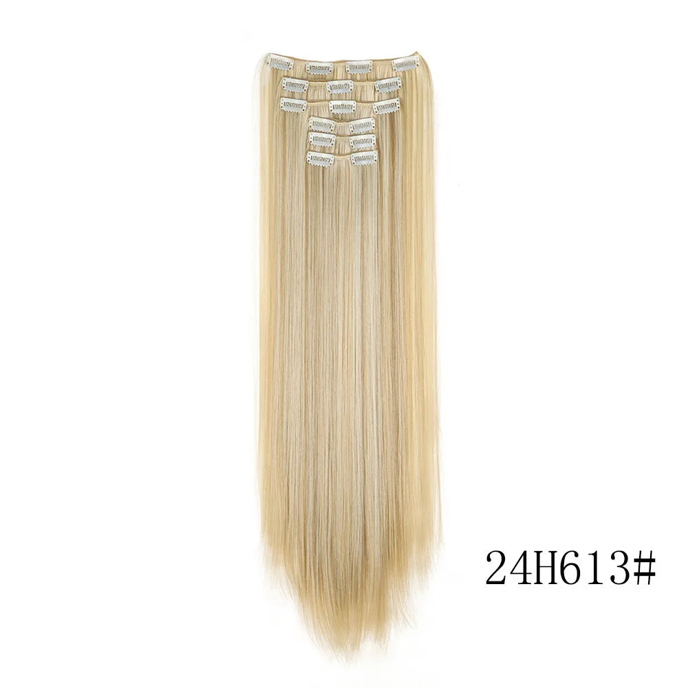 16 Clips in Hair Extensions 24Inchs Long Straight Hairstyle Synthetic Blonde Black Hairpieces Heat Resistant Fake Hair 6Pcs/Set