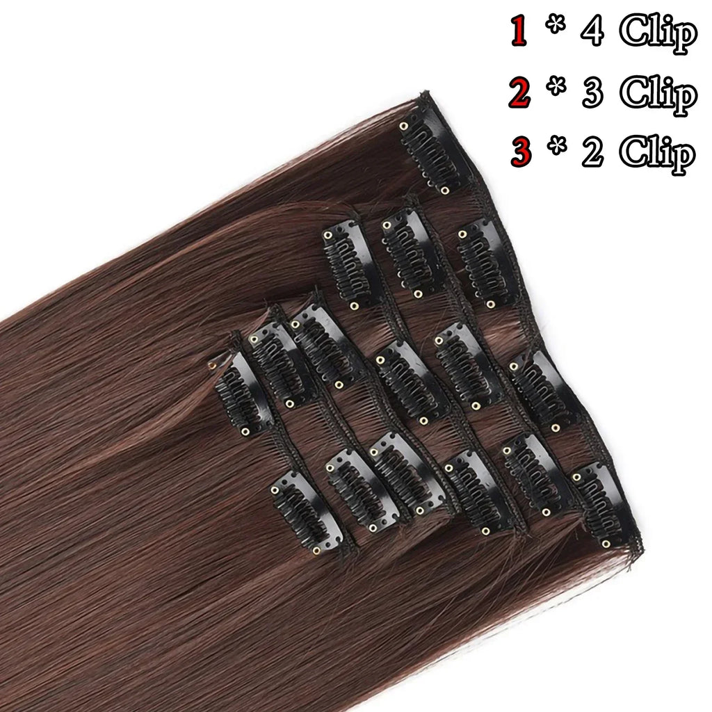 Black Hair Extensions 24"/60cm 6pcs/set Women Long Straight Synthetic Full Head Clip 16 Clips Ombre Heat Resistant Fiber Hair