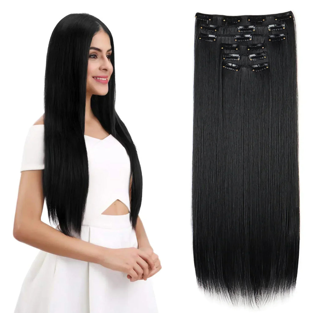 Black Hair Extensions 24"/60cm 6pcs/set Women Long Straight Synthetic Full Head Clip 16 Clips Ombre Heat Resistant Fiber Hair