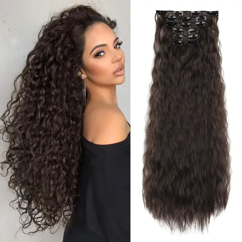 Black Hair Extensions 24"/60cm 6pcs/set Women Long Straight Synthetic Full Head Clip 16 Clips Ombre Heat Resistant Fiber Hair