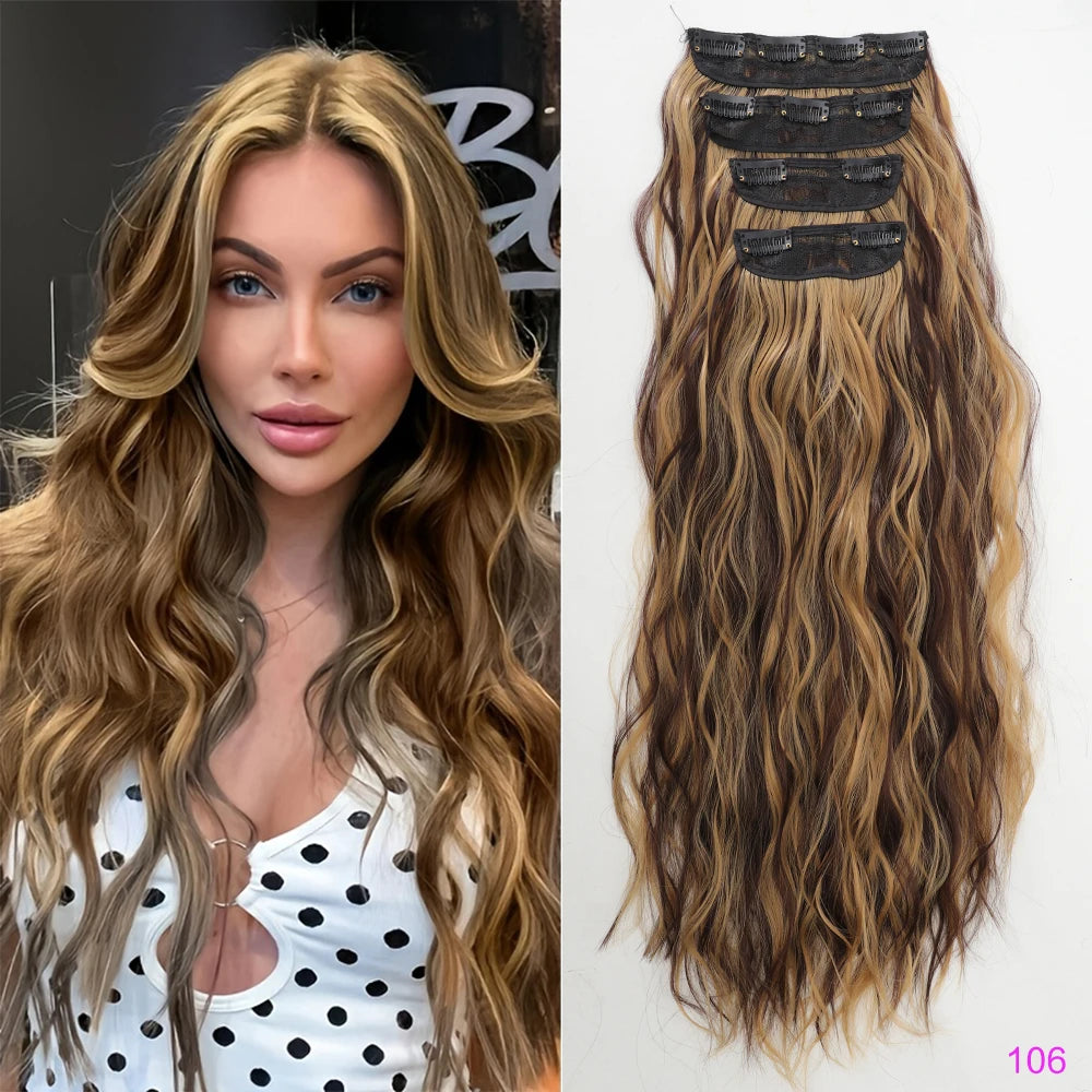 Set of 4 Clip-In Hair Extensions in a Brown-Blonde Shade, 60.96 cm Long, Featuring Wavy And Curly Synthetic Hair