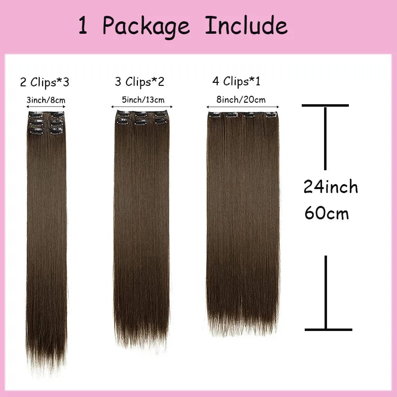 16 Clips in Hair Extensions 24Inchs Long Straight Hairstyle Synthetic Blonde Black Hairpieces Heat Resistant Fake Hair 6Pcs/Set