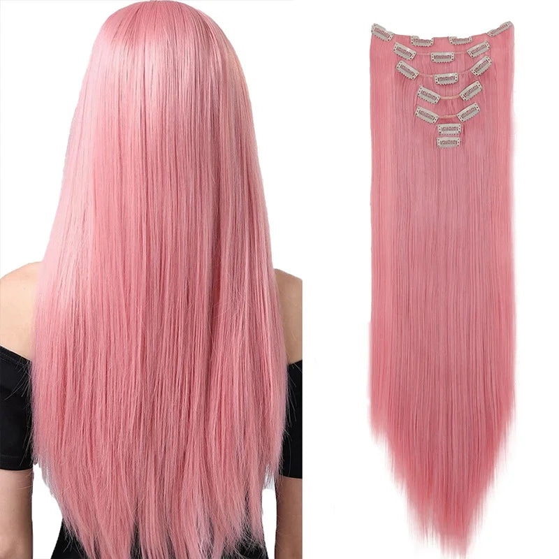 7 Clips In Hair Extensions Long Straight Hairstyle Pink 60CM Natural Synthetic Hair Daily Use Hairpiece For Women