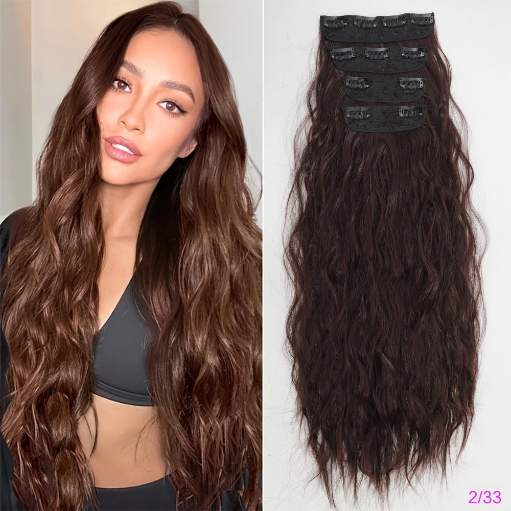 Set of 4 Clip-In Hair Extensions in a Brown-Blonde Shade, 60.96 cm Long, Featuring Wavy And Curly Synthetic Hair