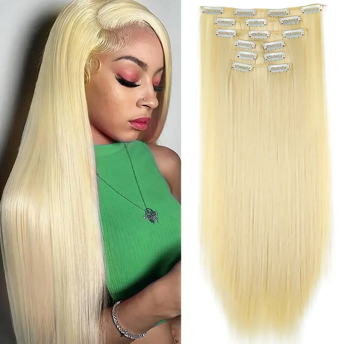 Black Hair Extensions 24"/60cm 6pcs/set Women Long Straight Synthetic Full Head Clip 16 Clips Ombre Heat Resistant Fiber Hair