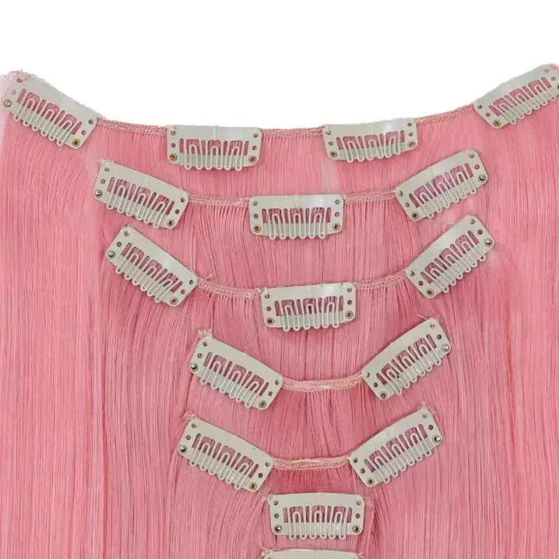 7 Clips In Hair Extensions Long Straight Hairstyle Pink 60CM Natural Synthetic Hair Daily Use Hairpiece For Women