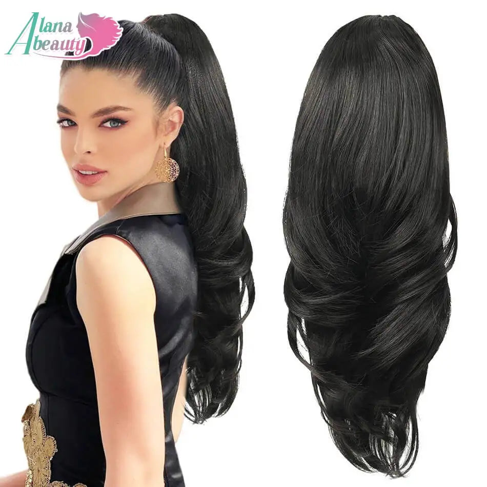 20" Long Wavy Synthetic Ponytail Extension with Drawstring Multi-Layered Clip-In Hair Extension for Instant Length And Volume