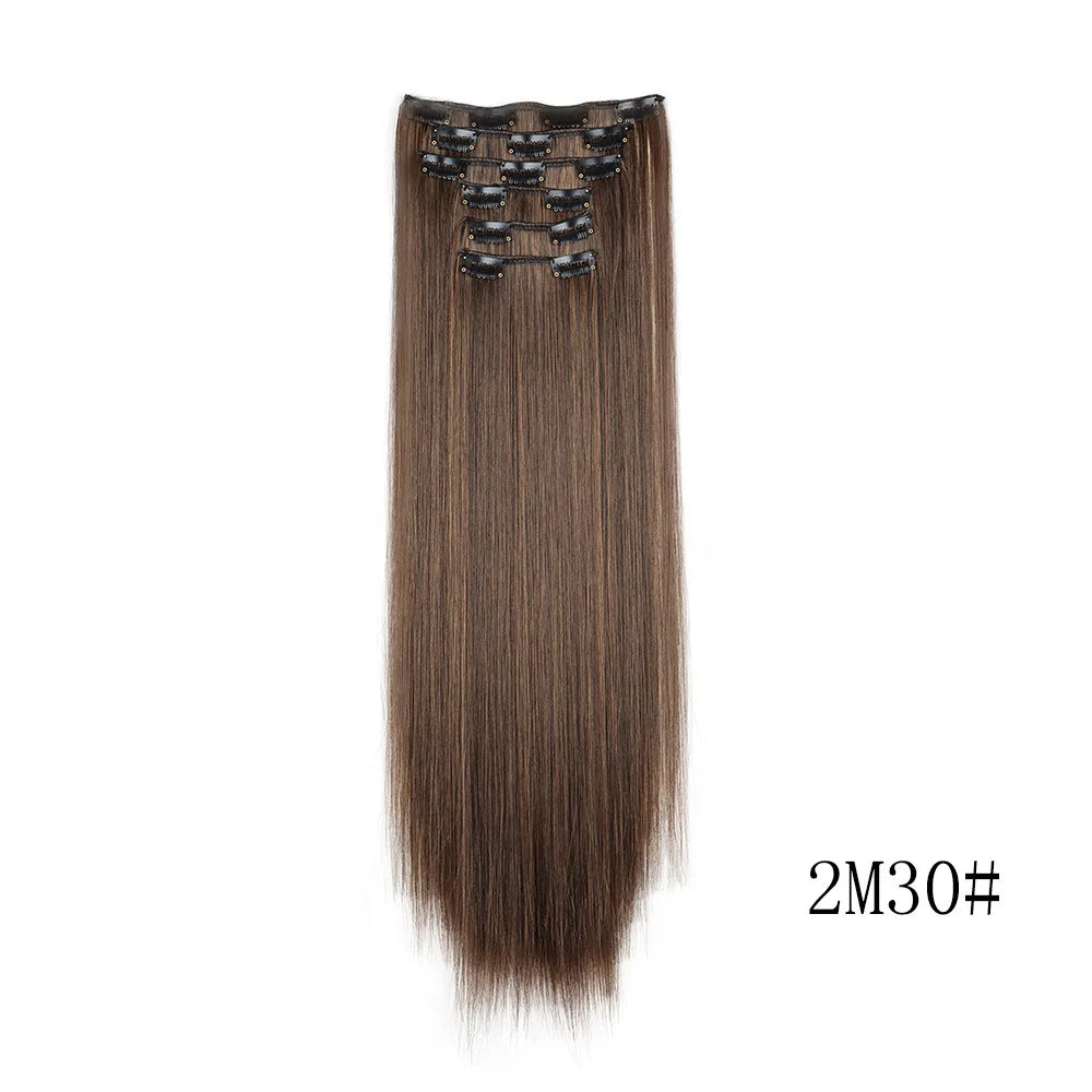 16 Clips in Hair Extensions 24Inchs Long Straight Hairstyle Synthetic Blonde Black Hairpieces Heat Resistant Fake Hair 6Pcs/Set