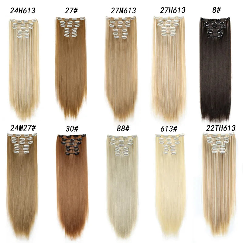 16 Clips in Hair Extensions 24Inchs Long Straight Hairstyle Synthetic Blonde Black Hairpieces Heat Resistant Fake Hair 6Pcs/Set