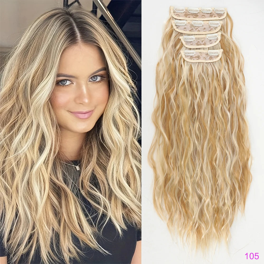 Set of 4 Clip-In Hair Extensions in a Brown-Blonde Shade, 60.96 cm Long, Featuring Wavy And Curly Synthetic Hair