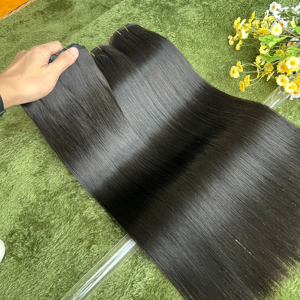 18A Raw Unprocessed 100g Human Hair Extensions Long PU Weft Invisible Straight Hair  7Pcs/Set Seamless Clips in #1B Natural Colo