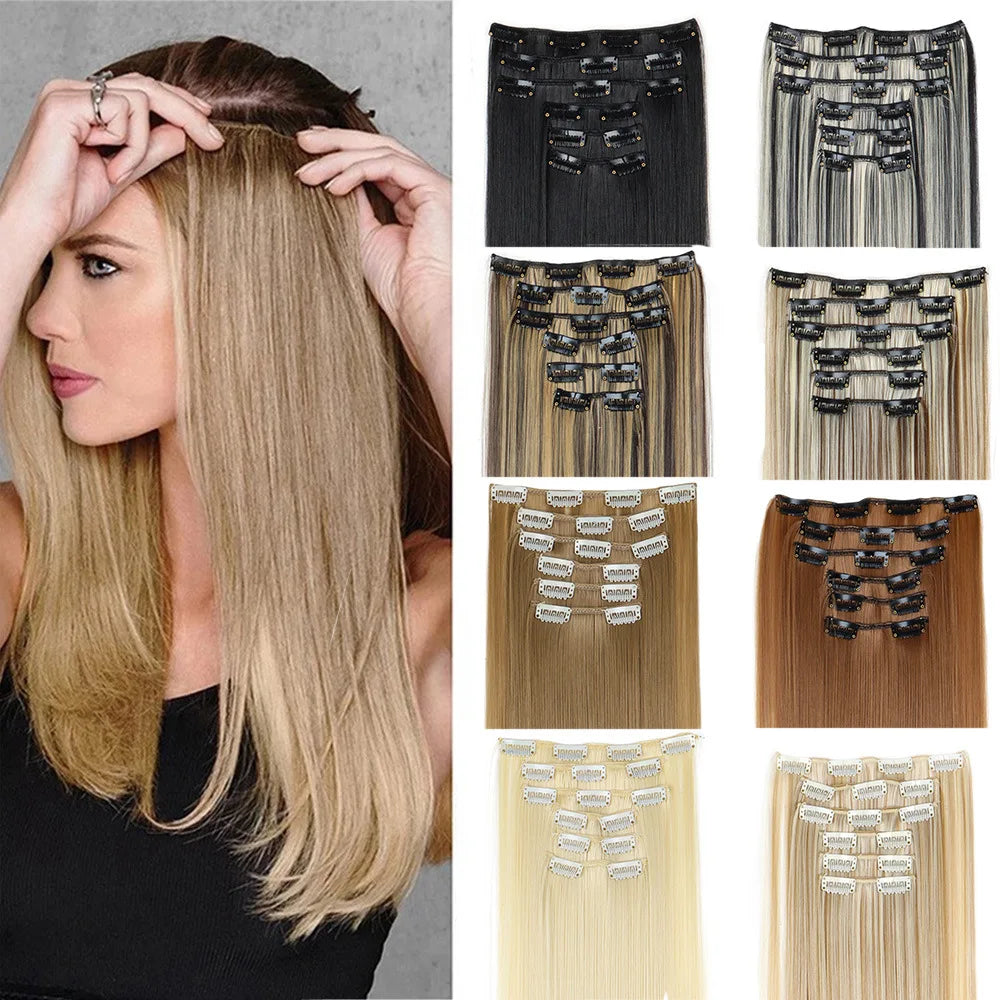 16 Clips in Hair Extensions 24Inchs Long Straight Hairstyle Synthetic Blonde Black Hairpieces Heat Resistant Fake Hair 6Pcs/Set