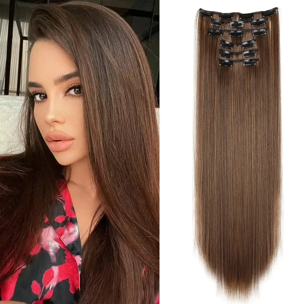 Black Hair Extensions 24"/60cm 6pcs/set Women Long Straight Synthetic Full Head Clip 16 Clips Ombre Heat Resistant Fiber Hair