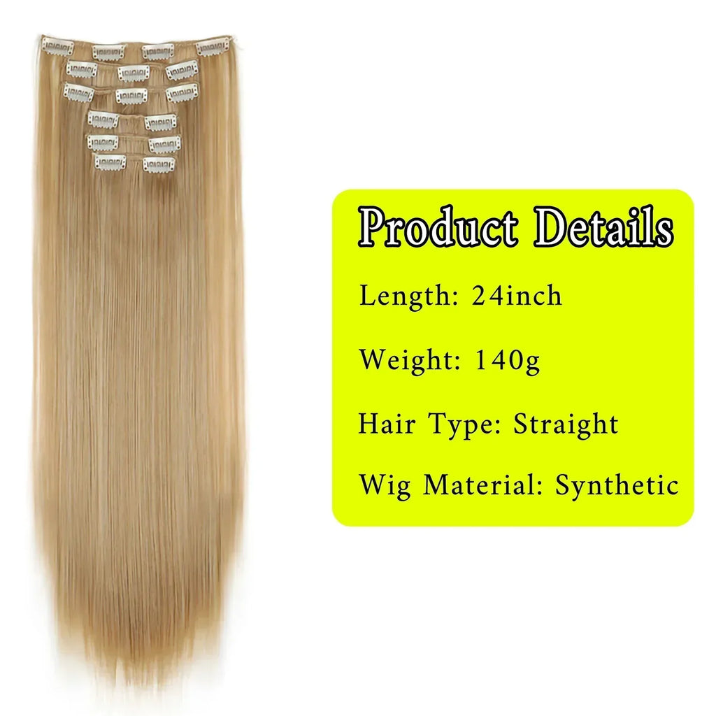 Black Hair Extensions 24"/60cm 6pcs/set Women Long Straight Synthetic Full Head Clip 16 Clips Ombre Heat Resistant Fiber Hair