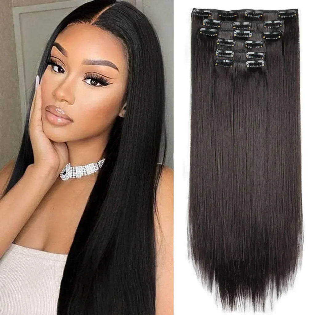 Black Hair Extensions 24"/60cm 6pcs/set Women Long Straight Synthetic Full Head Clip 16 Clips Ombre Heat Resistant Fiber Hair