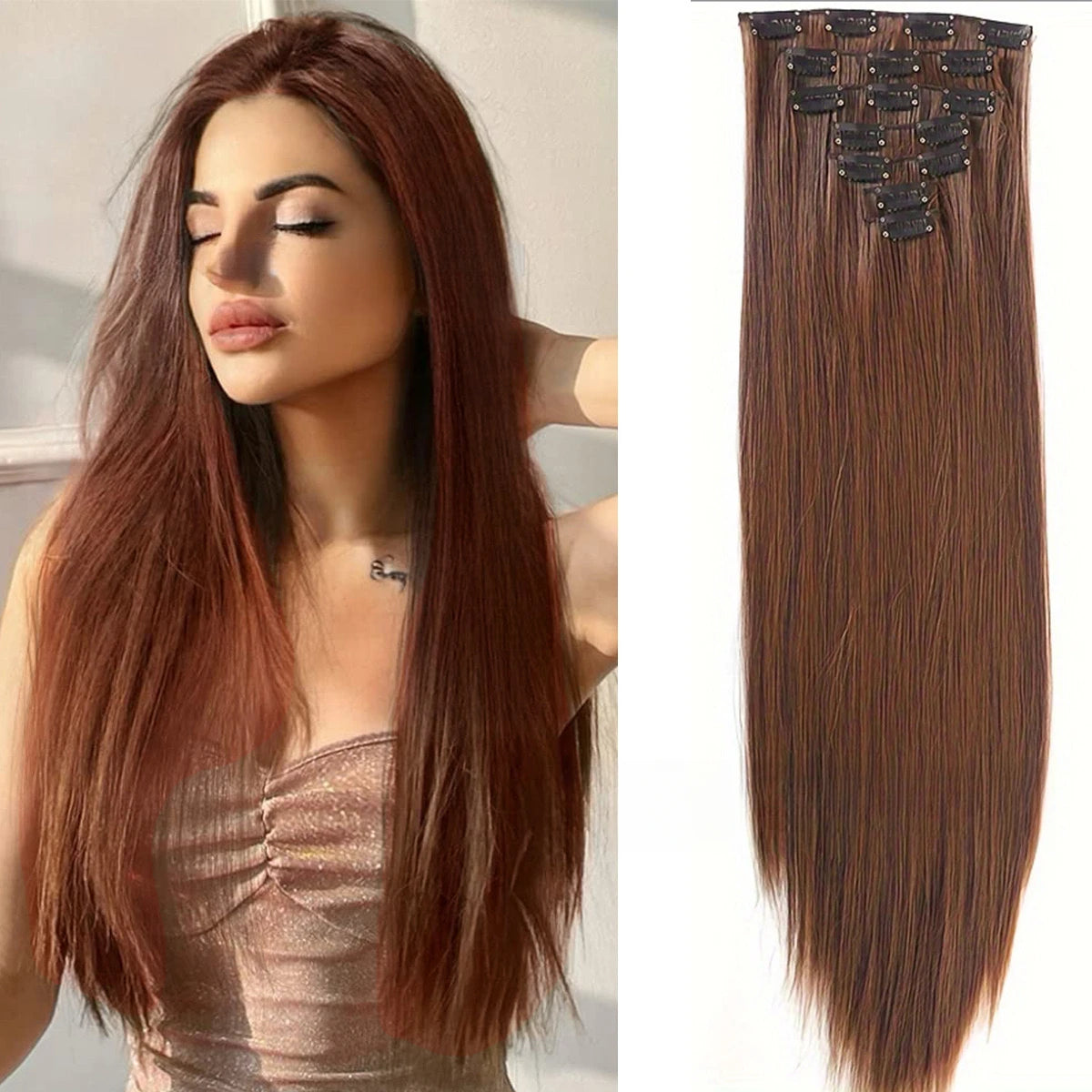 7 Clips In Hair Extensions Long Straight Hairstyle Pink 60CM Natural Synthetic Hair Daily Use Hairpiece For Women