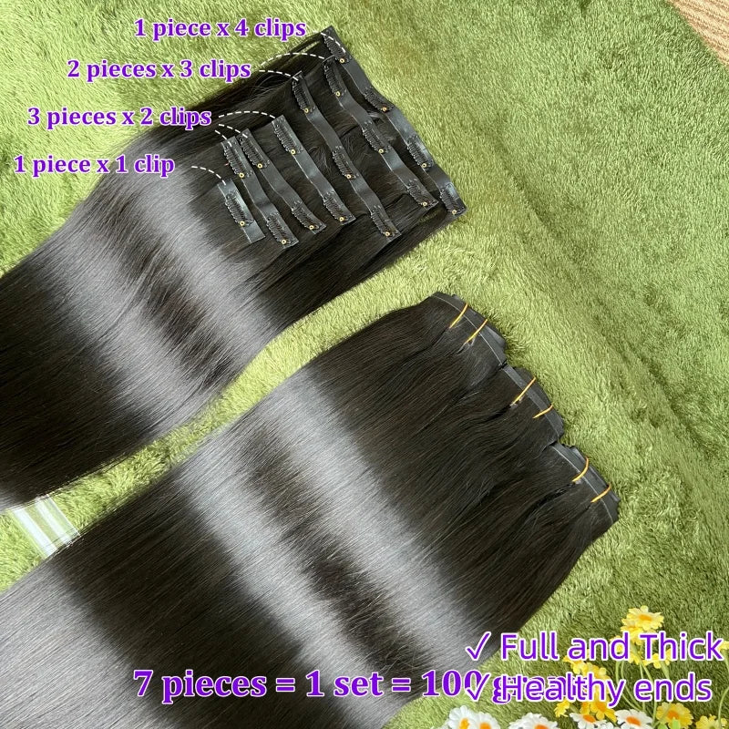 18A Raw Unprocessed 100g Human Hair Extensions Long PU Weft Invisible Straight Hair  7Pcs/Set Seamless Clips in #1B Natural Colo