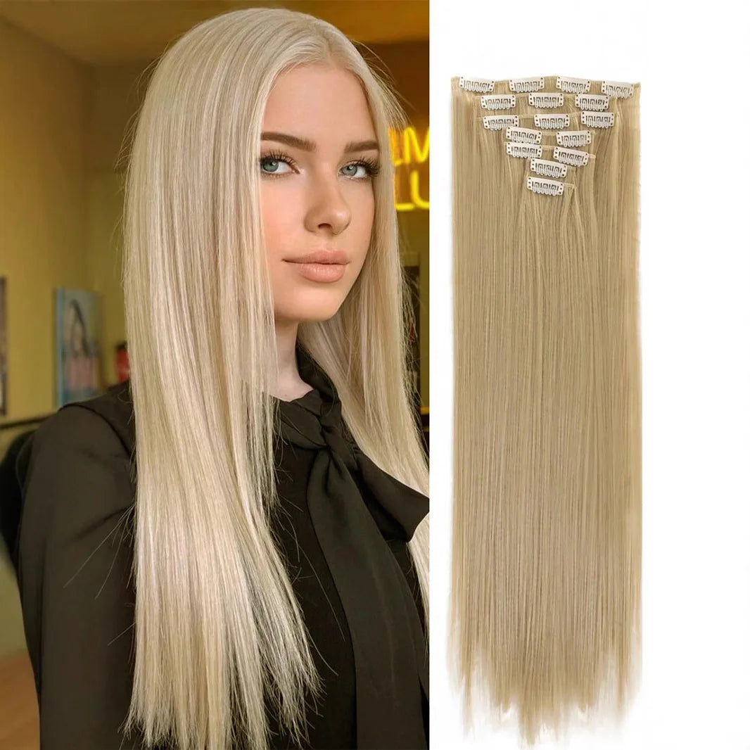 7 Clips In Hair Extensions Long Straight Hairstyle Pink 60CM Natural Synthetic Hair Daily Use Hairpiece For Women