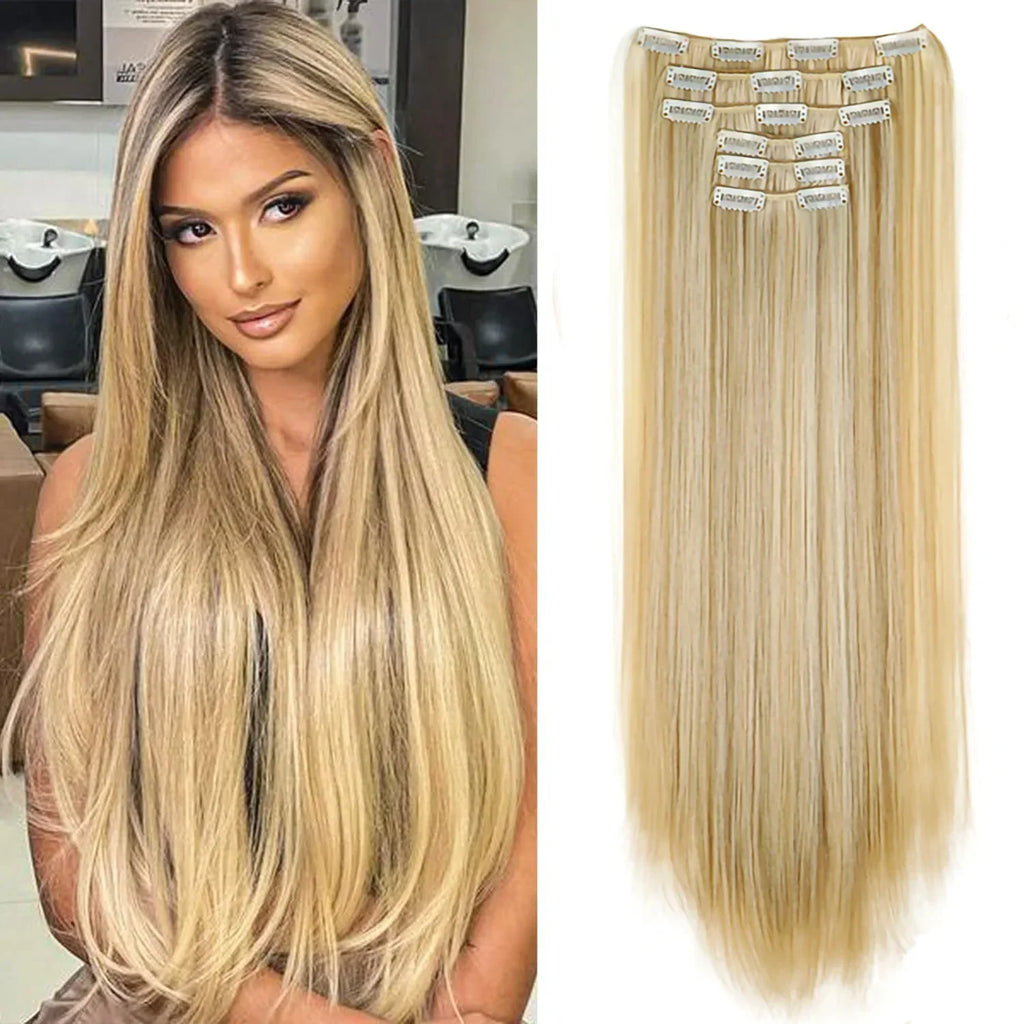 Black Hair Extensions 24"/60cm 6pcs/set Women Long Straight Synthetic Full Head Clip 16 Clips Ombre Heat Resistant Fiber Hair