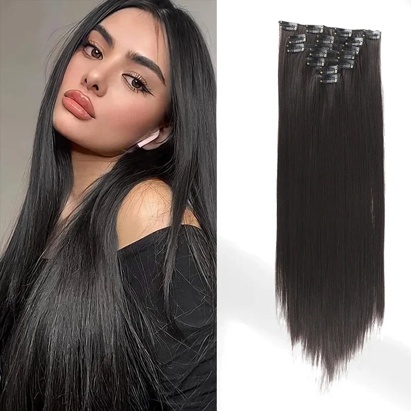 7 Clips In Hair Extensions Long Straight Hairstyle Pink 60CM Natural Synthetic Hair Daily Use Hairpiece For Women