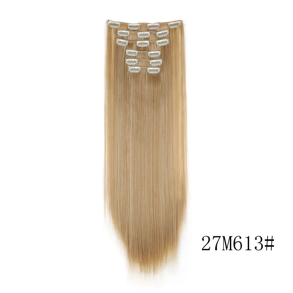 16 Clips in Hair Extensions 24Inchs Long Straight Hairstyle Synthetic Blonde Black Hairpieces Heat Resistant Fake Hair 6Pcs/Set