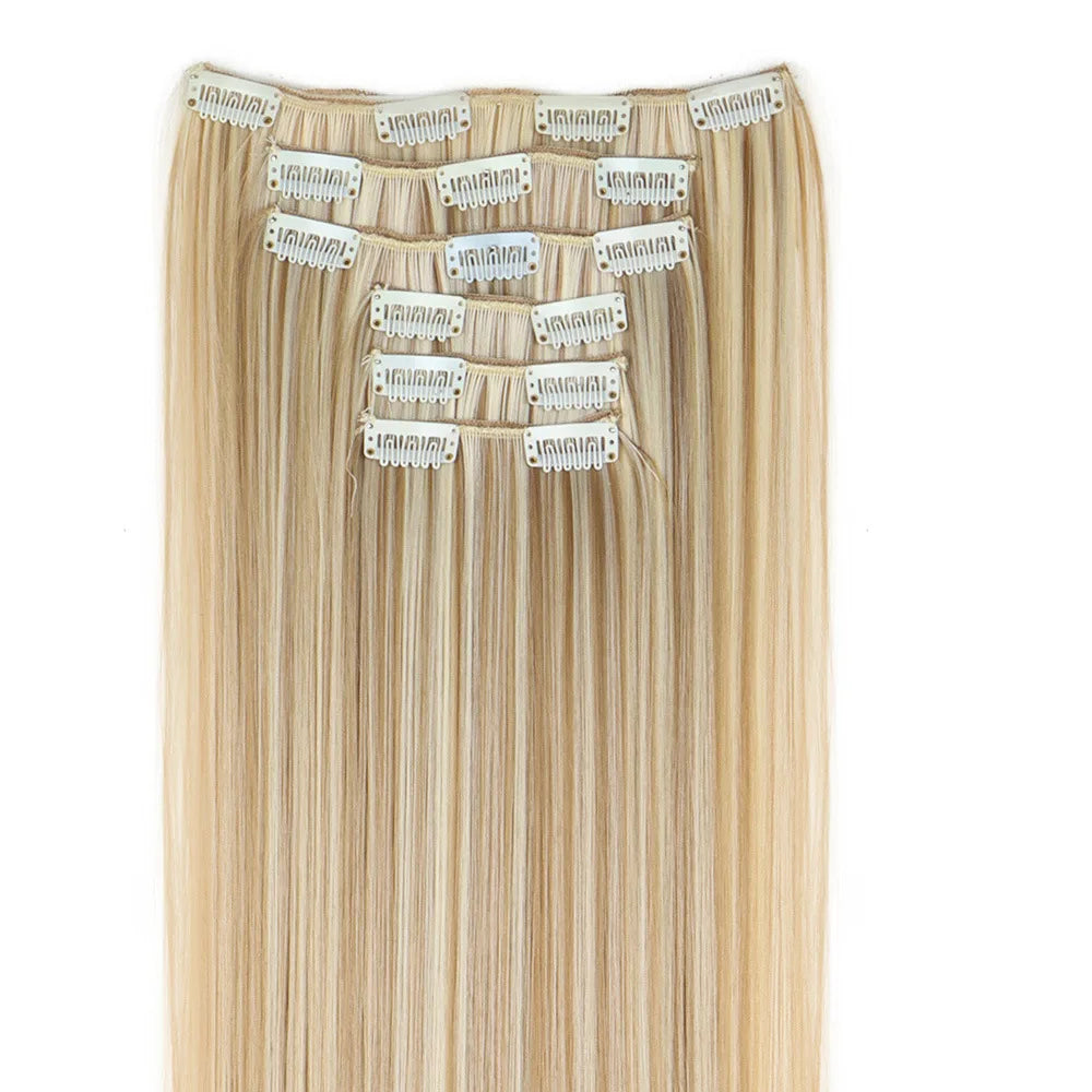 16 Clips in Hair Extensions 24Inchs Long Straight Hairstyle Synthetic Blonde Black Hairpieces Heat Resistant Fake Hair 6Pcs/Set