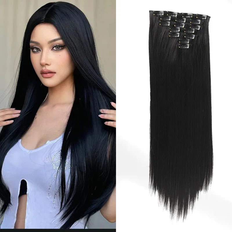 7 Clips In Hair Extensions Long Straight Hairstyle Pink 60CM Natural Synthetic Hair Daily Use Hairpiece For Women