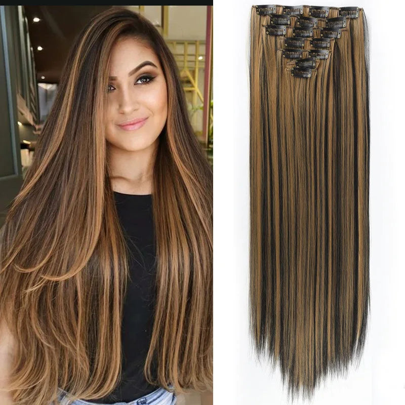 7 Clips In Hair Extensions Long Straight Hairstyle Pink 60CM Natural Synthetic Hair Daily Use Hairpiece For Women