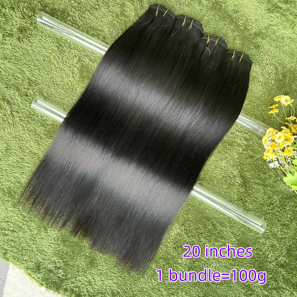 18A Raw Unprocessed 100g Human Hair Extensions Long PU Weft Invisible Straight Hair  7Pcs/Set Seamless Clips in #1B Natural Colo