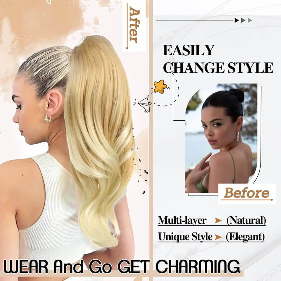 20" Long Wavy Synthetic Ponytail Extension with Drawstring Multi-Layered Clip-In Hair Extension for Instant Length And Volume