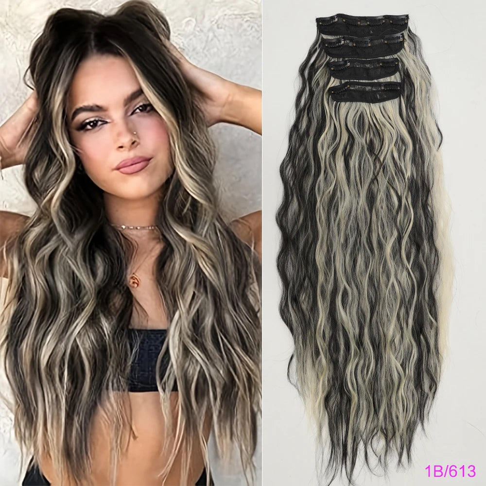 Set of 4 Clip-In Hair Extensions in a Brown-Blonde Shade, 60.96 cm Long, Featuring Wavy And Curly Synthetic Hair