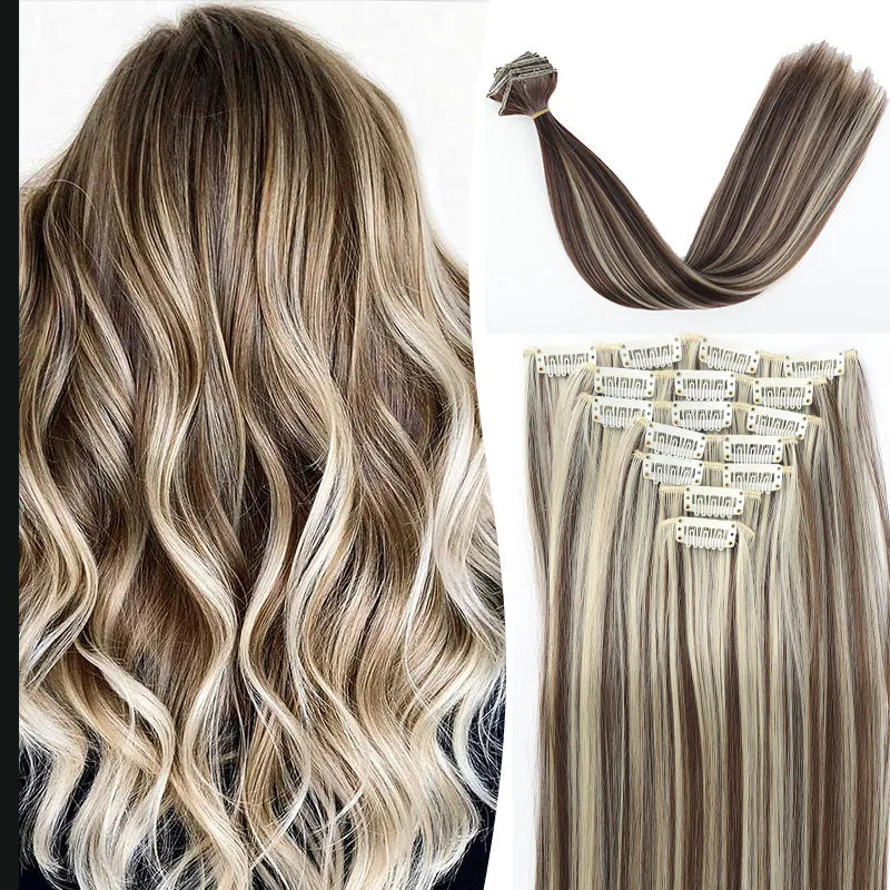 7 Clips In Hair Extensions Long Straight Hairstyle Pink 60CM Natural Synthetic Hair Daily Use Hairpiece For Women