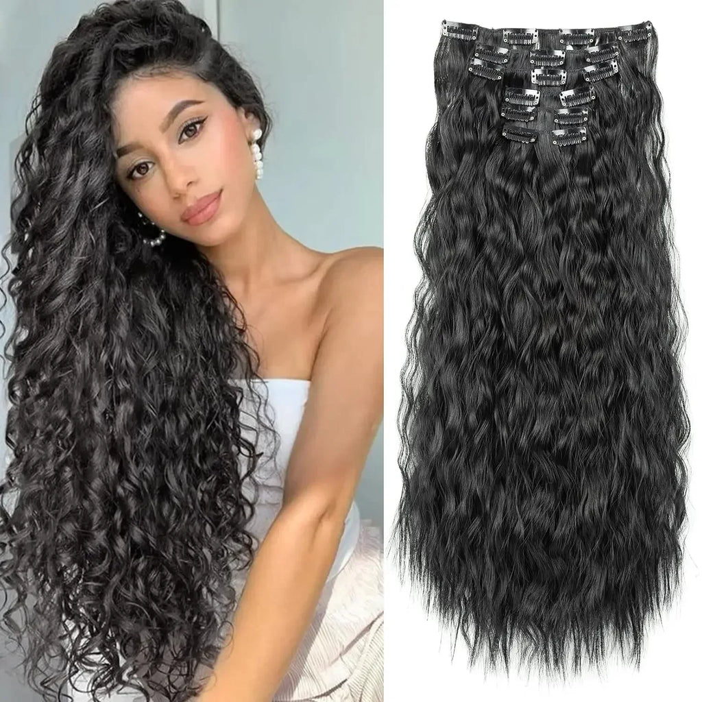 Black Hair Extensions 24"/60cm 6pcs/set Women Long Straight Synthetic Full Head Clip 16 Clips Ombre Heat Resistant Fiber Hair