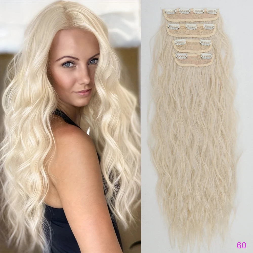 Set of 4 Clip-In Hair Extensions in a Brown-Blonde Shade, 60.96 cm Long, Featuring Wavy And Curly Synthetic Hair