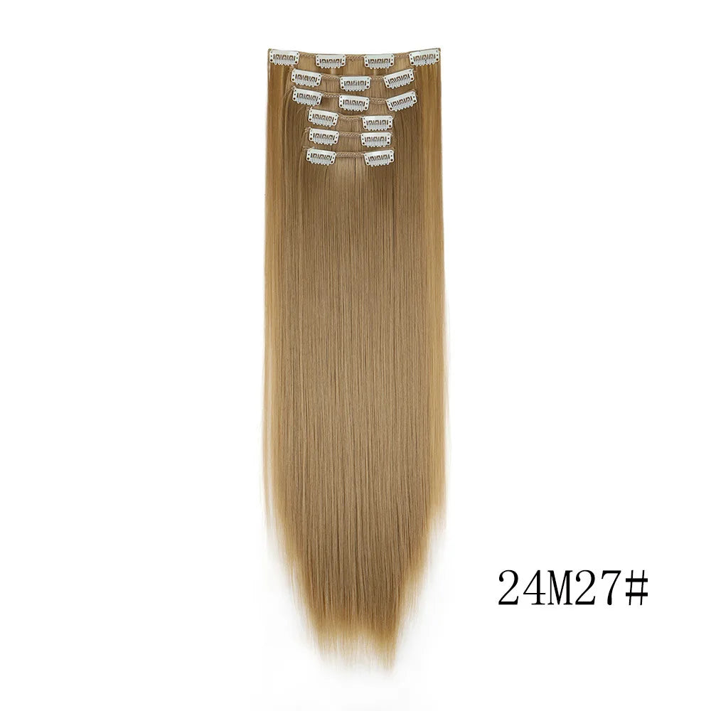 16 Clips in Hair Extensions 24Inchs Long Straight Hairstyle Synthetic Blonde Black Hairpieces Heat Resistant Fake Hair 6Pcs/Set
