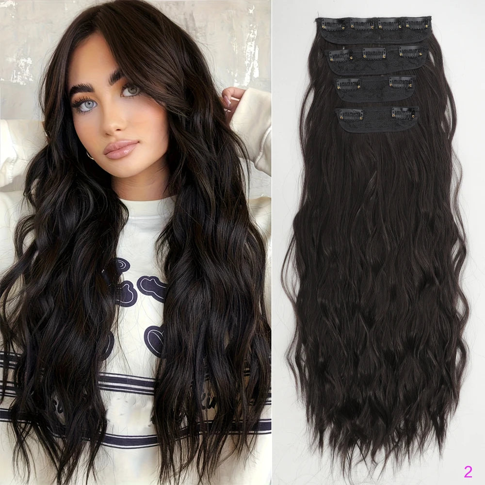 Set of 4 Clip-In Hair Extensions in a Brown-Blonde Shade, 60.96 cm Long, Featuring Wavy And Curly Synthetic Hair