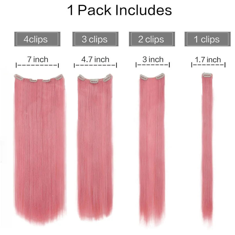 7 Clips In Hair Extensions Long Straight Hairstyle Pink 60CM Natural Synthetic Hair Daily Use Hairpiece For Women
