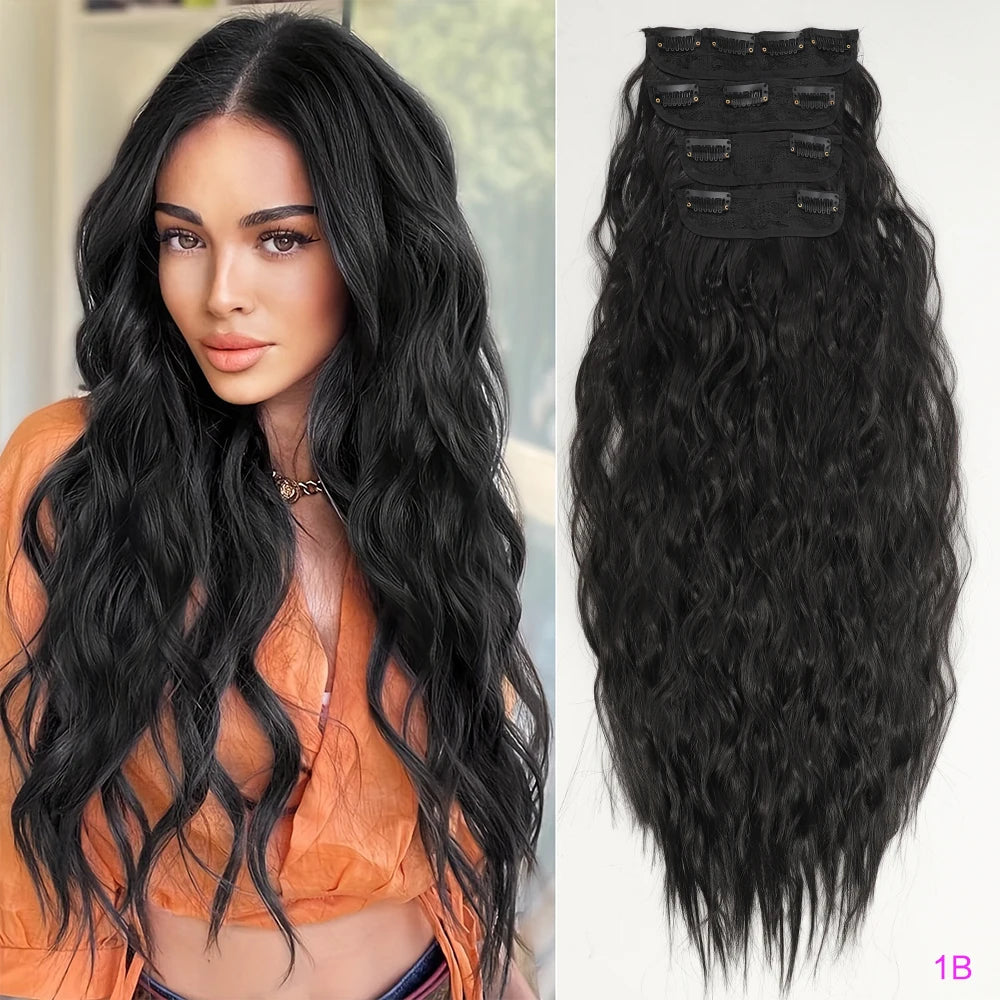 Set of 4 Clip-In Hair Extensions in a Brown-Blonde Shade, 60.96 cm Long, Featuring Wavy And Curly Synthetic Hair