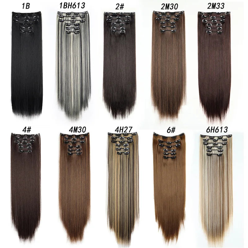 16 Clips in Hair Extensions 24Inchs Long Straight Hairstyle Synthetic Blonde Black Hairpieces Heat Resistant Fake Hair 6Pcs/Set