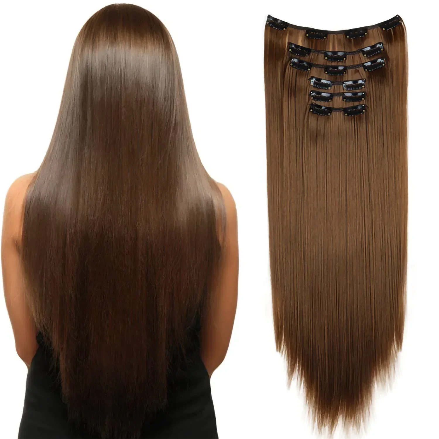 Black Hair Extensions 24"/60cm 6pcs/set Women Long Straight Synthetic Full Head Clip 16 Clips Ombre Heat Resistant Fiber Hair