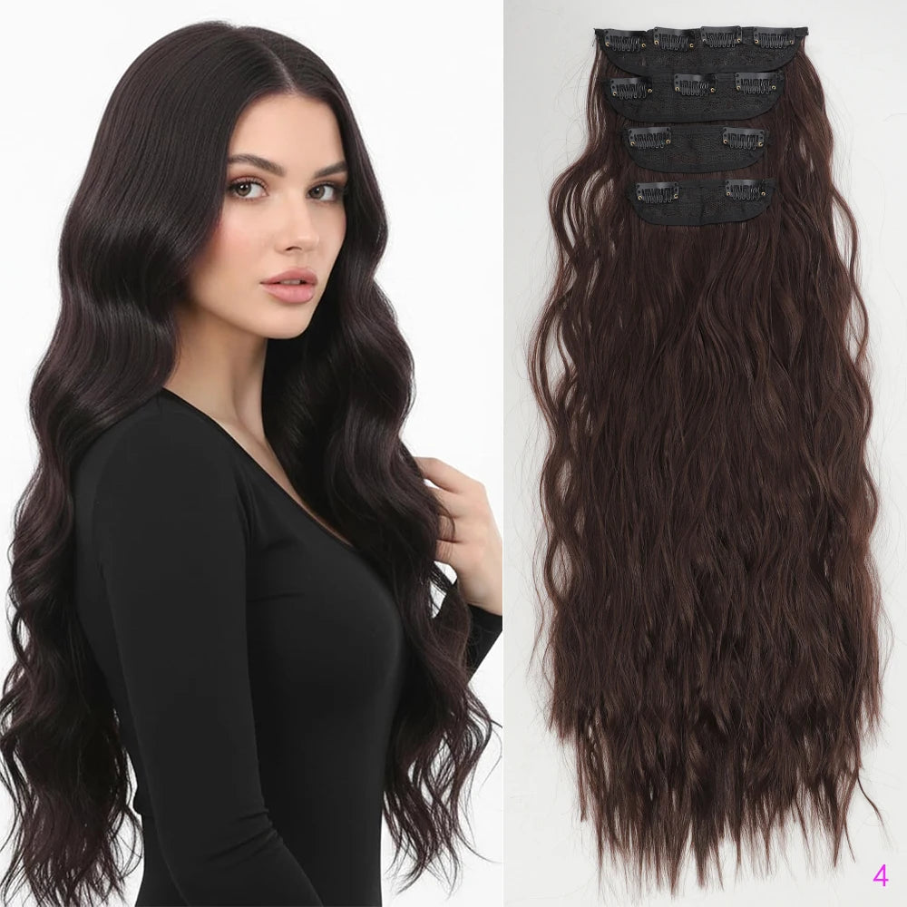 Set of 4 Clip-In Hair Extensions in a Brown-Blonde Shade, 60.96 cm Long, Featuring Wavy And Curly Synthetic Hair