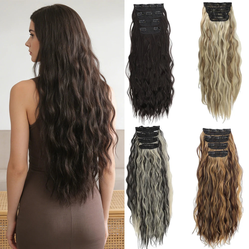 Set of 4 Clip-In Hair Extensions in a Brown-Blonde Shade, 60.96 cm Long, Featuring Wavy And Curly Synthetic Hair