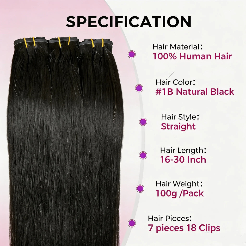 18A Raw Unprocessed 100g Human Hair Extensions Long PU Weft Invisible Straight Hair  7Pcs/Set Seamless Clips in #1B Natural Colo