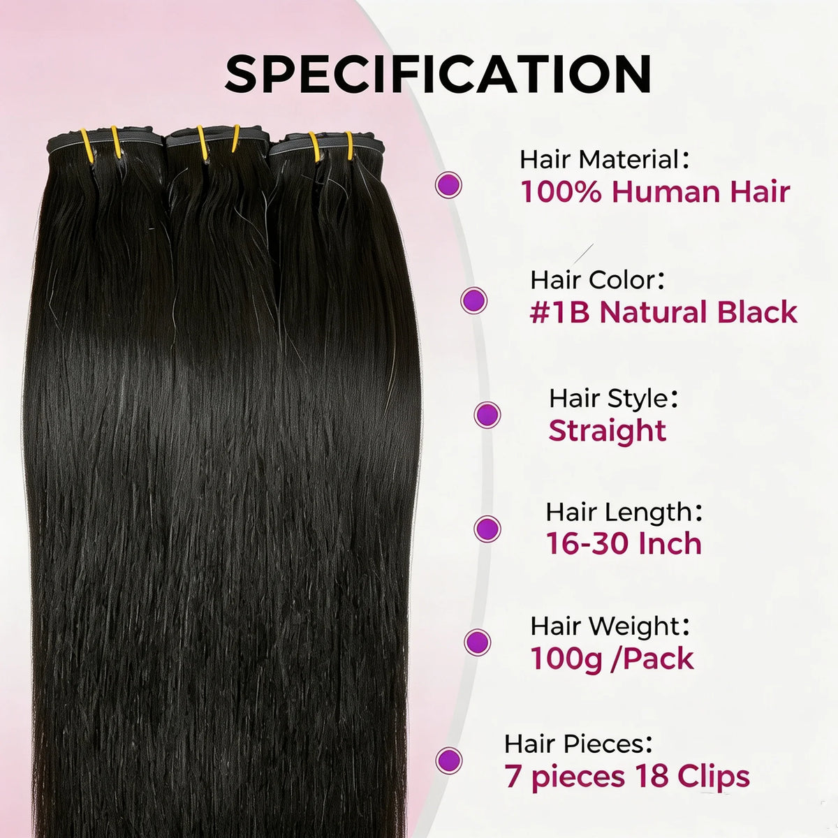 18A Raw Unprocessed 100g Human Hair Extensions Long PU Weft Invisible Straight Hair  7Pcs/Set Seamless Clips in #1B Natural Colo