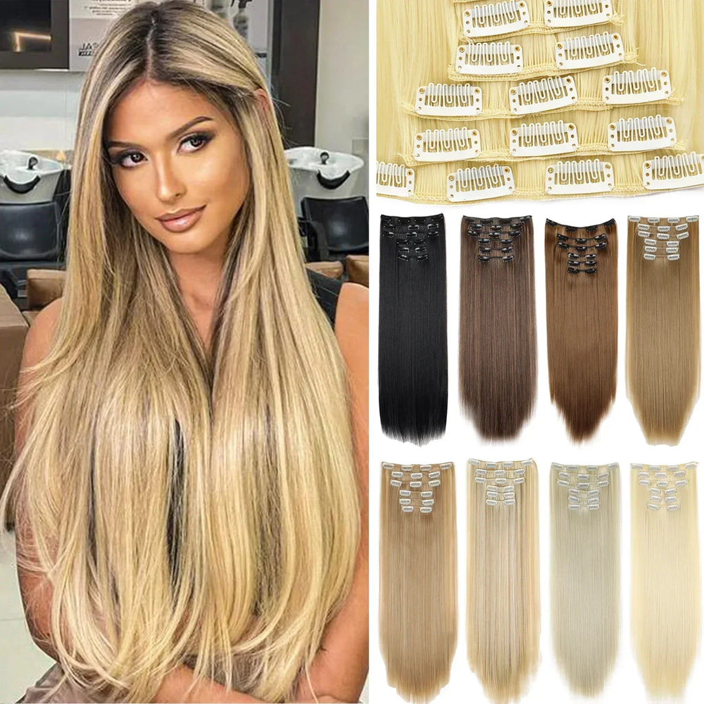 Black Hair Extensions 24"/60cm 6pcs/set Women Long Straight Synthetic Full Head Clip 16 Clips Ombre Heat Resistant Fiber Hair