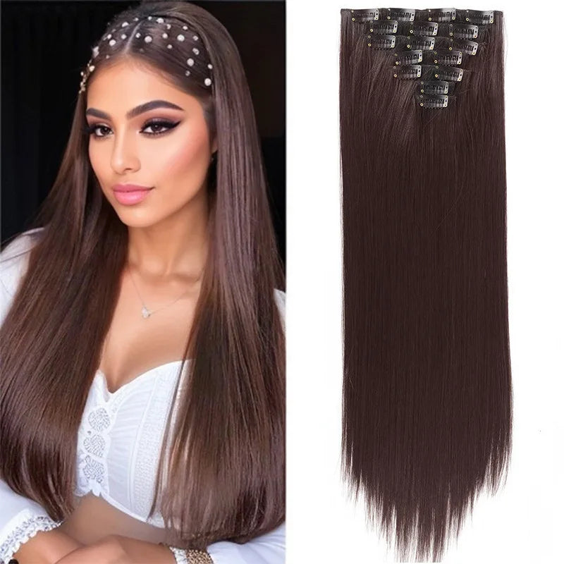 7 Clips In Hair Extensions Long Straight Hairstyle Pink 60CM Natural Synthetic Hair Daily Use Hairpiece For Women