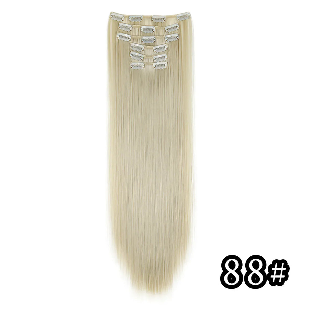 Black Hair Extensions 24"/60cm 6pcs/set Women Long Straight Synthetic Full Head Clip 16 Clips Ombre Heat Resistant Fiber Hair