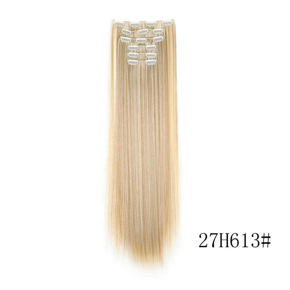 16 Clips in Hair Extensions 24Inchs Long Straight Hairstyle Synthetic Blonde Black Hairpieces Heat Resistant Fake Hair 6Pcs/Set