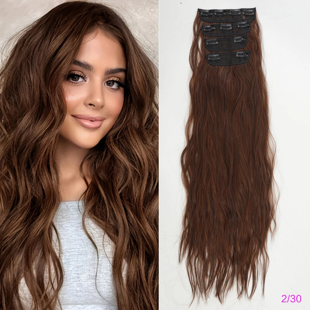 Set of 4 Clip-In Hair Extensions in a Brown-Blonde Shade, 60.96 cm Long, Featuring Wavy And Curly Synthetic Hair