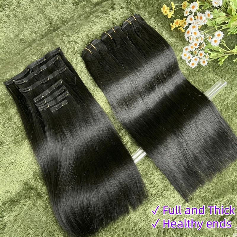 18A Raw Unprocessed 100g Human Hair Extensions Long PU Weft Invisible Straight Hair  7Pcs/Set Seamless Clips in #1B Natural Colo